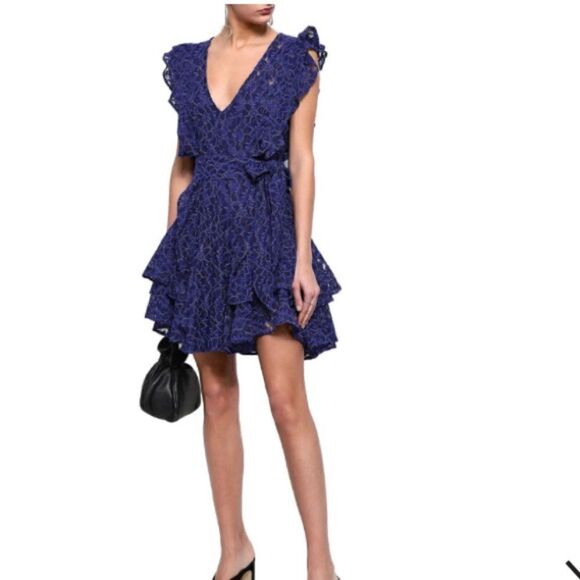 Marissa Webb indigo blue lace print tiered belted ruffle mini dress size XS - Picture 1 of 12